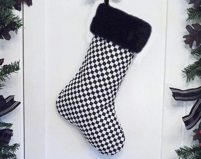 Ska Punk Christmas Stocking Black and White Checkered, Black Faux Fur, Rude Boy, Rude Girl, Skater, Canvas Liner