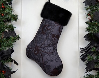Charcoal Gray Gothic Christmas Stocking, Black Widow, Skulls, Black Faux Fur, Black Canvas Liner, Halloween Christmas, Dark Christmas
