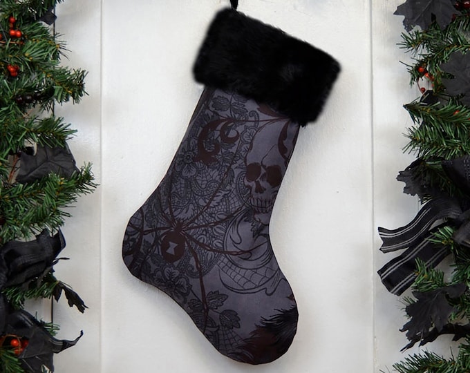 Charcoal Gray Gothic Christmas Stocking, Black Widow, Skulls, Black Faux Fur, Black Canvas Liner, Halloween Christmas, Dark Christmas