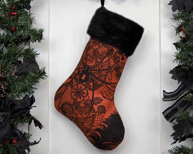 Red and Black Gothic Christmas Stocking, Black Widow, Skull, Black Faux Fur, Black Canvas Liner, Dark Christmas