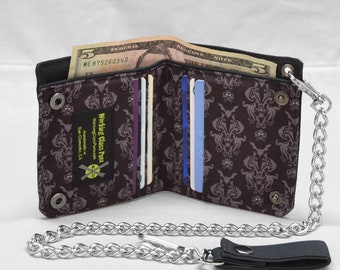Bats Damask Vegan Chain Wallet, Black and Gray, Goth Gothic, Spooky Cute, Fabric Pockets, Black Canvas Wallet, Halloween Everyday