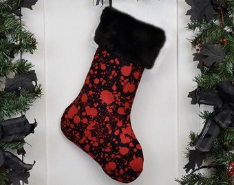 Blood Splatter Horror Christmas Stocking, Goth Punk Psychobilly, Halloween Decoration, Black Faux Fur, Black Canvas Liner, Slasher, Gore