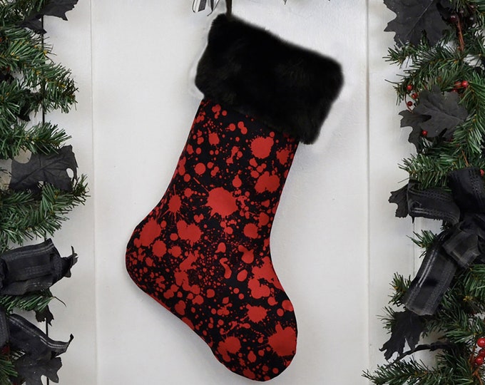 Blood Splatter Horror Christmas Stocking, Goth Punk Psychobilly, Halloween Decoration, Black Faux Fur, Black Canvas Liner