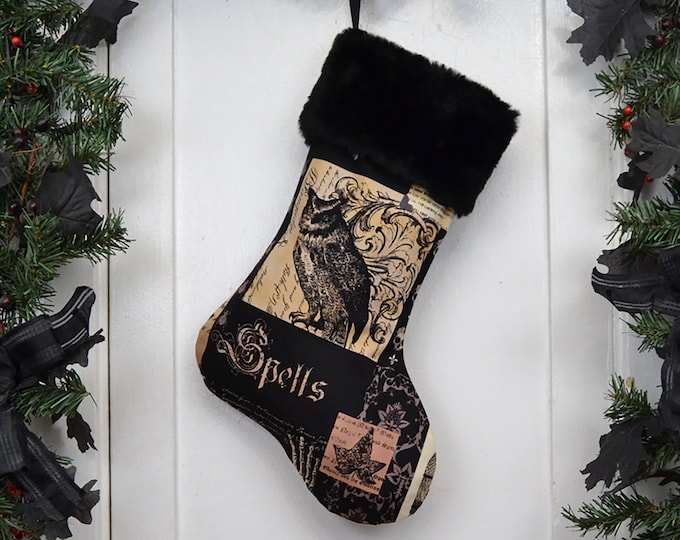 Nevermore Gothic Owl Christmas Stocking, Black Faux Fur, Halloween Decoration, Black Brown Patchwork Print, Black Canvas Liner