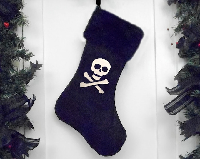 Skull and Crossbones Pirate Christmas Stocking, Goth Punk, Black Faux Fur, Black Canvas Liner