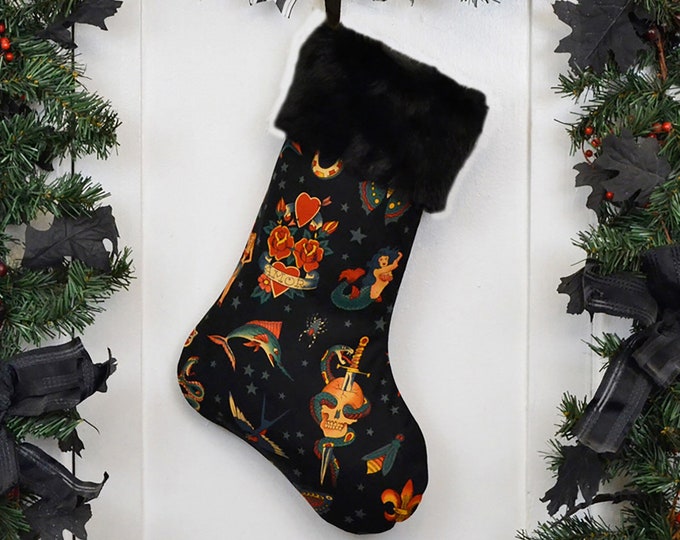 Vintage Tattoo Black Christmas Stocking, Faux Fur Cuff, Canvas Liner