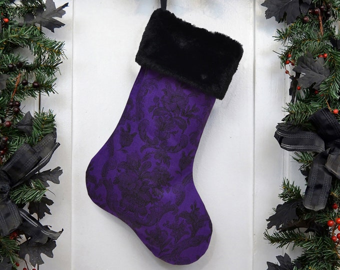 Gothic Christmas Stocking, Purple Black Tapestry Print, Vintage Flower Design, Dark Christmas, Black Faux Fur, Gothmas, Halloween Decoration