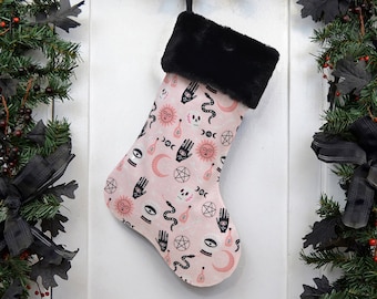 Pink Witchy Christmas Stocking, Witch Symbols, Pastel Goth, Wiccan Moon Goddess, Pentagram, Witchcraft Occult, Crystal Ball, Love Potion