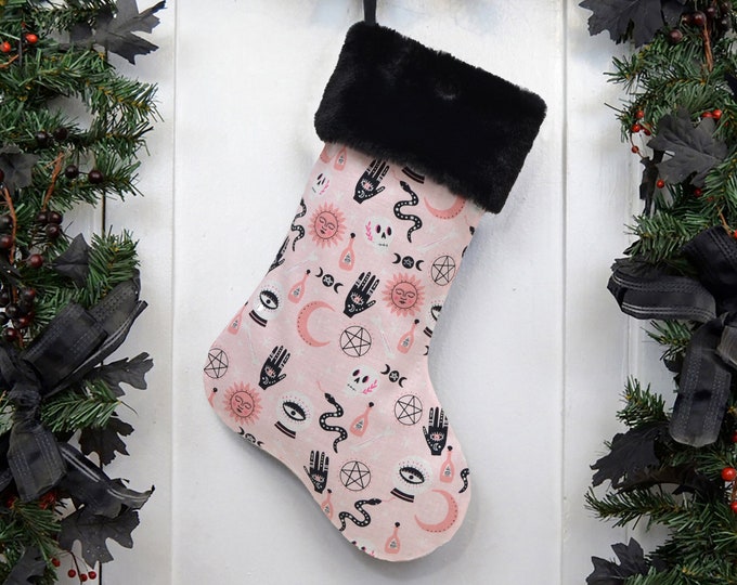 Pink Witchy Christmas Stocking, Witch Symbols, Pastel Goth, Wiccan Moon Goddess, Pentagram, Witchcraft Occult, Crystal Ball, Love Potion