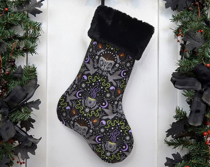 Witch Christmas Stocking, Cauldron Alchemy, Witchcraft Occult Wicca, Spell Book, Familiar Raven Snake Spider, Purple Black, Halloween Goth