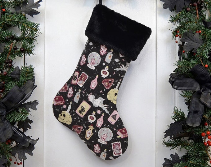 Witch Christmas Stocking, Divination Tools, Witchcraft Occult Wicca, Tarot Cards, Crystals, Magic Spell, Black Faux Fur, Black Canvas Liner