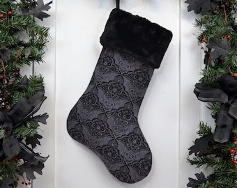 Handmade Gothic Christmas Stocking, Moth Bats, Black Damask, Faux Fur Cuff