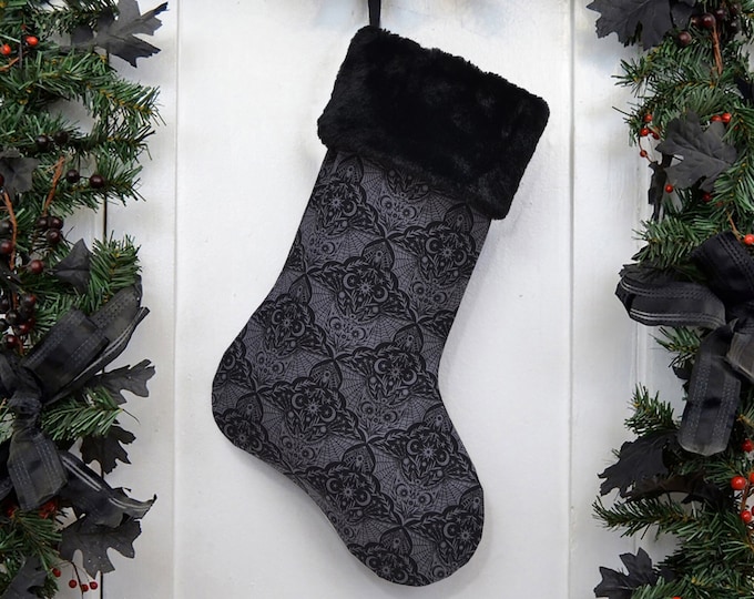Gothic Moth Bats Damask Christmas Stocking, Dark Gray Black, Goth Punk Halloween, Spider Webs, Black Faux Fur, Black Canvas Liner