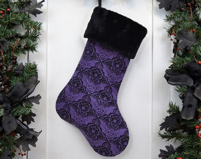 Gothic Moth Bats Damask Christmas Stocking, Purple and Black, Goth Punk Halloween, Spider Webs, Black Faux Fur, Black Canvas Liner