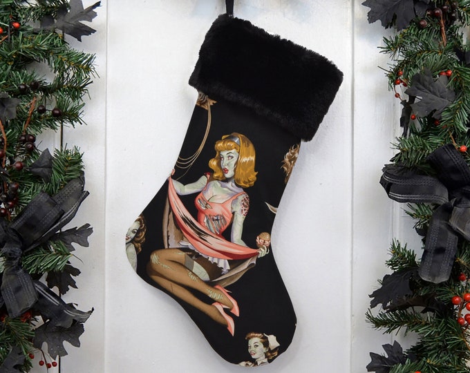 Zombie Horror Christmas Stocking, Goth, Punk Rock, Pin Up 50s Girl, Halloween Christmas, Psychobilly, Black Faux Fur, Blood Gore, Slasher