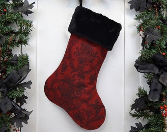 Gothic Christmas Stocking, Dark Red Tapestry Print, Vintage Flower Design, Dark Christmas, Black Faux Fur, Halloween Decoration
