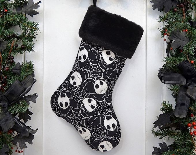 READY TO SHIP Nightmare Before Christmas Jack Stocking, Spider Webs, Halloween, Black and White, Black Faux Fur Cuff