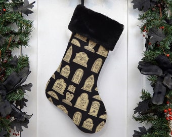 Death Head Tombstone Christmas Stocking, Gothic Graveyard, Memento Mori, Halloween, Dark Christmas, Black Faux Fur, Black Canvas Liner