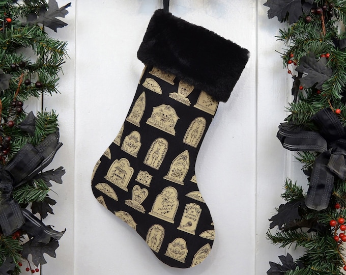 Death Head Tombstone Christmas Stocking, Gothic Graveyard, Memento Mori, Halloween, Dark Christmas, Black Faux Fur, Black Canvas Liner
