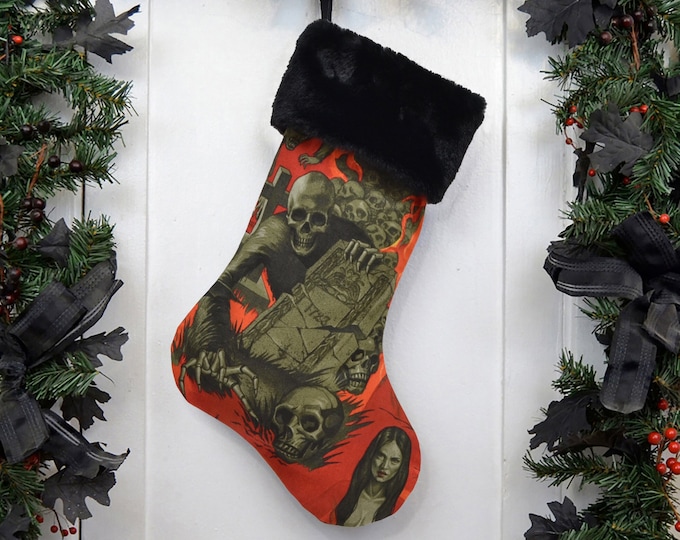 Handmade Skeleton Graveyard Halloween Christmas Stocking, Goth Punk, Horror Fan, Skulls, Tombstone, Heavy Metal, Black Faux Fur