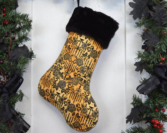 Handmade Gothic Halloween Christmas Stocking, Candelabra Roses, Faux Fur