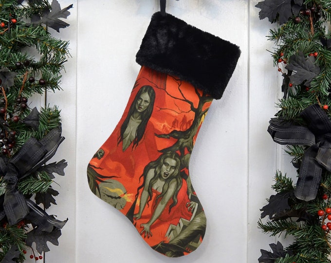 Handmade Vampiress Christmas Stocking, Goth Punk, Horror Fan, Heavy Metal, Vampire, Black Red Orange, Black Faux Fur, Witchy Decor