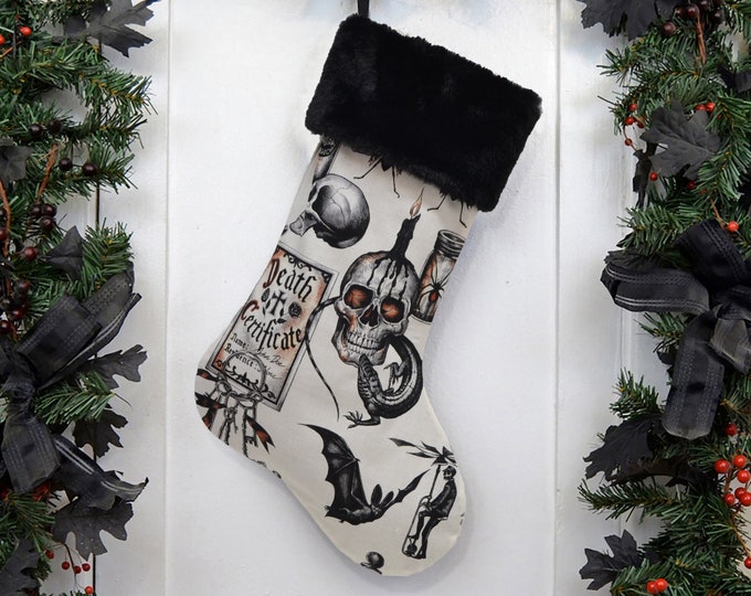 Dark Magic Christmas Stocking, White Orange, Witchcraft, Voodoo, Gothic, Skulls, Bats, Goth Punk Rock, Black Faux Fur, Halloween, Horror