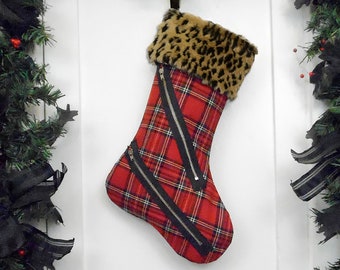 Handmade Punk Christmas Stocking, Red Tartan Plaid, Leopard Faux Fur