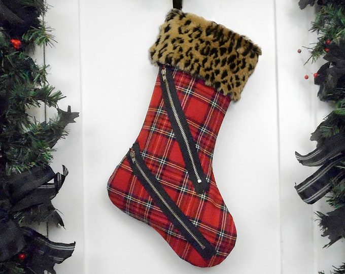 Handmade Punk Christmas Stocking, Red and Black Plaid Bondage Pants Style, Brown Leopard Faux Fur, Black Faux Fur, Canvas Liner, Red Tartan