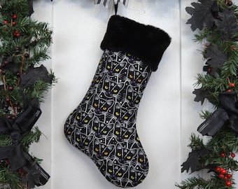 Handmade Black Cat Christmas Stocking, Occult Witchcraft, Witch Familiar, Moons Stars, Cosmic Cat, Glow In The Dark, Black Faux Fur