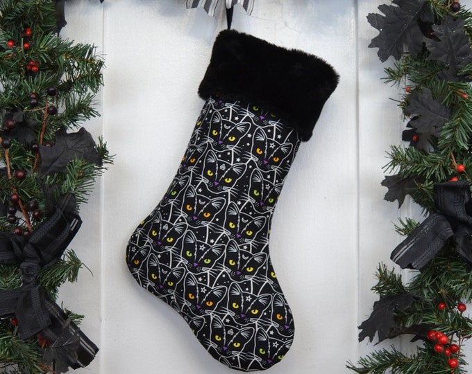 Black Cat Christmas Stocking, Occult Witchcraft, Witch Familiar, Moons Stars, Cosmic Cat, Glow In The Dark, Black Faux Fur, Halloween