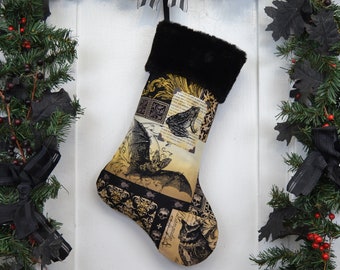 Handmade Nevermore Gothic Black Bat Christmas Stocking, Black Faux Fur, Black Brown Patchwork Print, Black Canvas Liner