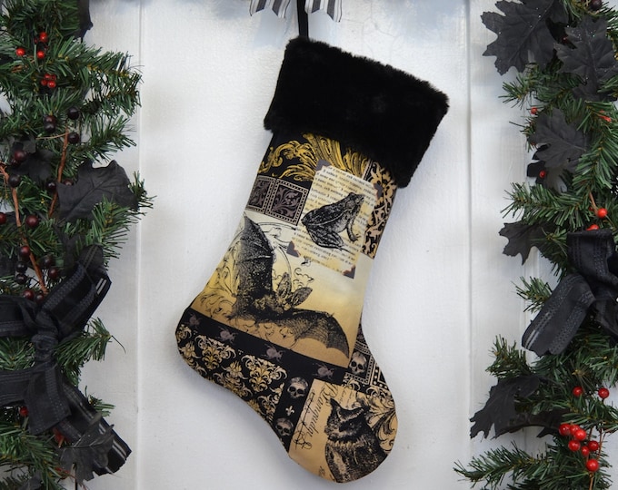 Nevermore Gothic Black Bat Christmas Stocking, Black Faux Fur, Black Brown Patchwork Print, Black Canvas Liner, Halloween Stocking