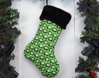 Alien Heads Christmas Stocking, Bright Green, Black Faux Fur, Black Canvas Liner, Martian Invaders