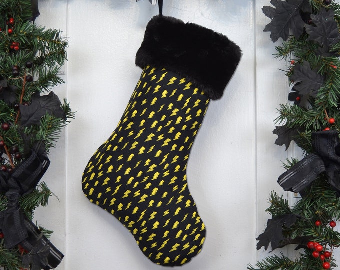 Handmade Lightning Bolt Christmas Stocking, Rock and Roll, Punk Rock, Rocker, Skater, Yellow and Black, Black Faux Fur, 80s Child