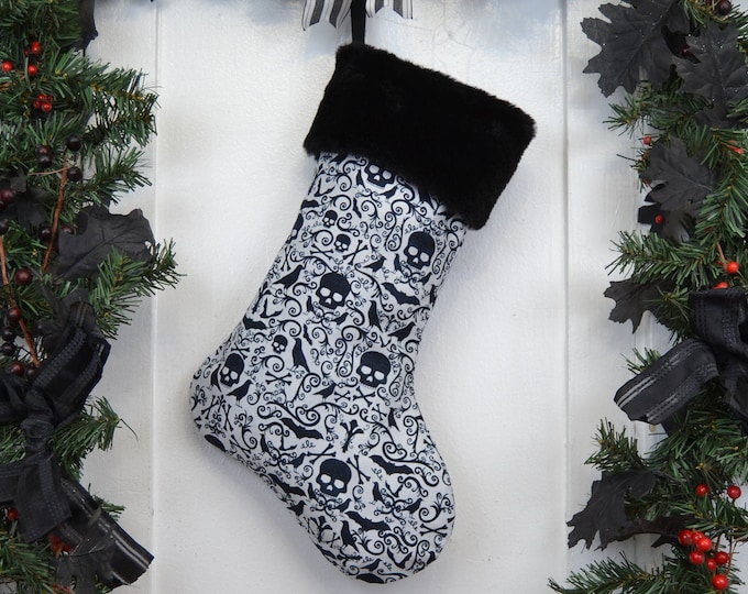 Handmade Gothic Christmas Stocking, Black and White Skulls Bats Ravens, Faux Fur Cuff