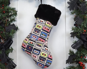 Rock and Roll Christmas Stocking, Cassette, 80s Child, Punk Rock, Rocker, Music, Black Faux Fur, Black Canvas Liner, Mix Tape