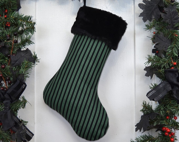 Ghost Host Christmas Stocking, Haunted Mansion, Black and Green Stripe, Victorian Goth, Hunter Green, Vertical Stripe, Black Faux Fur Cuff
