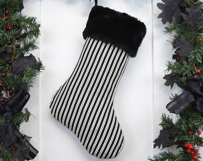 Black and White Stripe Christmas Stocking, Pirate Stripe, Ska Two Tone, Vertical Stripe, Victorian Goth, Black Faux Fur Cuff