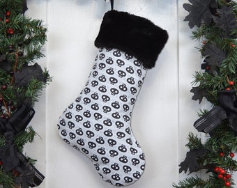 Punk Rock Kid Christmas Stocking, Cute Funny Skulls, Rock and Roll Baby Stocking, Halloween, Black on Gray Background