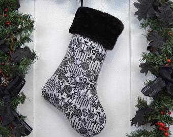 Gothic Christmas Stocking, Light Gray, Black Candelabra, Black Roses, Spider Webs, Silver Shimmer, Black Faux Fur, Black Canvas Liner