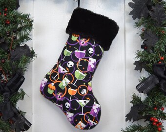 Halloween Cocktails and Cupcakes Christmas Stocking, Orange Purple Green, Skulls, Eyeballs, Potions, Halloween Everyday, Black Faux Fur