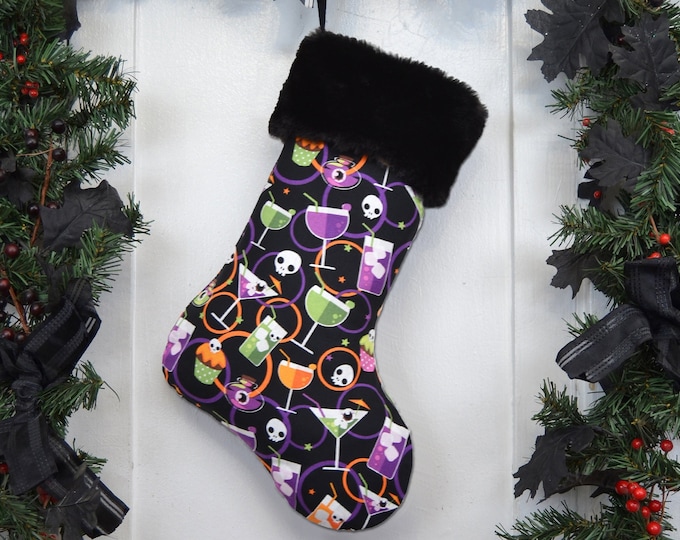 Halloween Cocktails and Cupcakes Christmas Stocking, Orange Purple Green, Skulls, Eyeballs, Potions, Halloween Everyday, Black Faux Fur