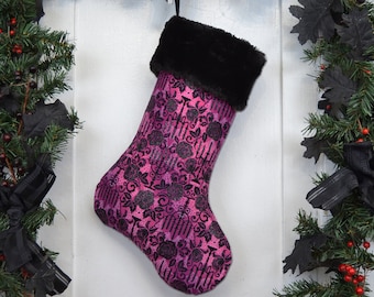Gothic Christmas Stocking, Candelabra, Black Roses, Purple Fuchsia, Spider Webs, Silver Shimmer, Black Faux Fur, Punk Princess