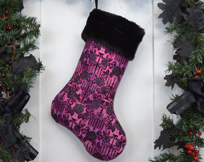 Gothic Christmas Stocking, Candelabra, Black Roses, Purple Fuchsia, Spider Webs, Silver Shimmer, Black Faux Fur, Halloween Decoration