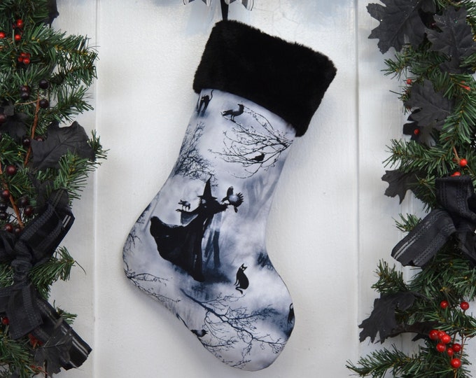 Witch Christmas Stocking, Wicca, Moon Goddess, Witchcraft Occult, Familiar Spirit, Black Cat, Raven, Full Moon, Halloween Goth, Sorceress