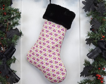 Handmade Pink Skull Christmas Stocking, Black Faux Fur Cuff