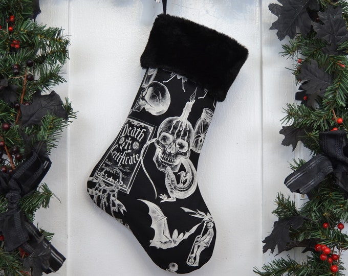 Dark Magic Christmas Stocking, Black, Witchcraft, Voodoo, Gothic, Spells, Skulls, Bats, Goth Punk Rock, Black Faux Fur, Halloween, Horror