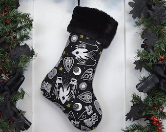 Ouija Planchette Christmas Stocking, Occult, Gothic, Witchcraft, GothMAS, Black and White, Black Faux Fur Cuff, Canvas Liner