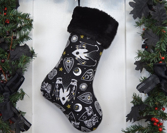 Ouija Planchette Christmas Stocking, Occult, Gothic, Witchcraft, GothMAS, Black and White, Black Faux Fur Cuff, Canvas Liner